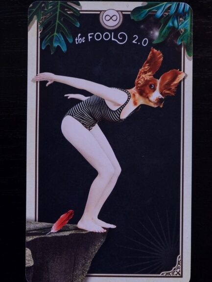 A figure in a striped swimsuit with a squirrel head stands poised to leap off a cliff, arms outstretched as if beginning a new writing adventure. Above reads the FOOL 2.0 with an infinity symbol. A red feather lies near their feet; large leaves frame the top corners.