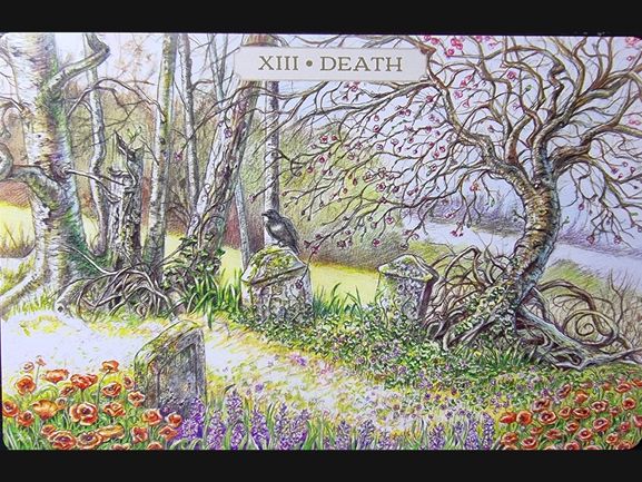 An illustrated Pastoral Tarot card labeled “XIII Death” shows a crow perched on a mossy gravestone in a flower-filled graveyard with twisted trees and a river in the background, blending life and decay in a peaceful scene.