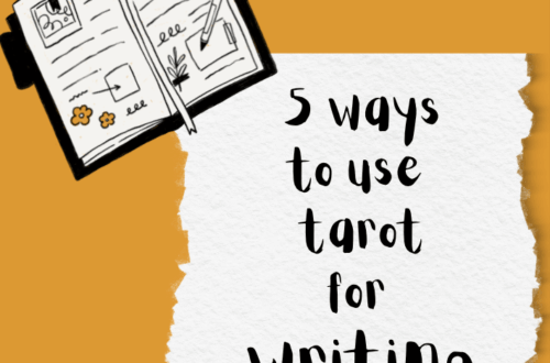 An open journal with a pen and writing doodles appears above text that reads “5 ways to use tarot for writing” on a textured white paper over a mustard yellow background.