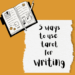 An open journal with a pen and writing doodles appears above text that reads “5 ways to use tarot for writing” on a textured white paper over a mustard yellow background.