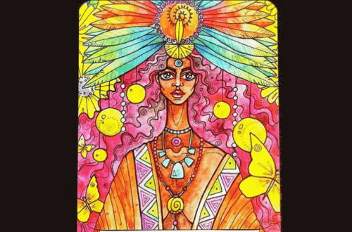 A colorful tarot card from The Earthcraft Oracle labeled 1 Abundance shows a woman with brown skin, flowing hair, and a vibrant feathered headdress. Surrounded by butterflies and yellow spirals, she radiates joy and prosperity.