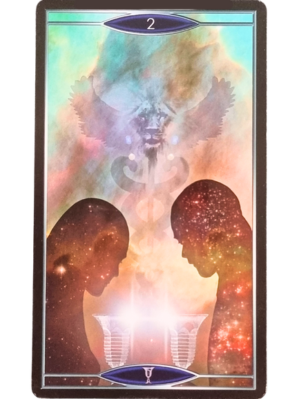 Two silhouetted figures face each other, cosmic patterns swirling within them as they hold glowing cups. In the ethereal background of Quantum Tarot Version 2.0, a mystical winged creature and caduceus symbol emerge in vibrant colors.