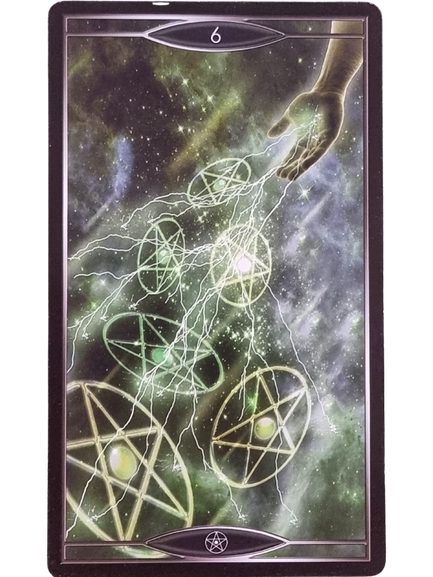 A tarot card from the Quantum Tarot Version 2.0 shows six glowing pentacles connected by streams of light. A hand reaches down from the upper right, directing energy in a cosmic, star-filled background.