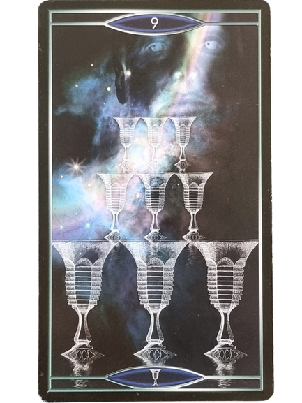 A Quantum Tarot Version 2.0 card shows nine transparent cups arranged in a pyramid over a cosmic, star-filled background with swirling nebulas. The number 9 appears at the top of the card.