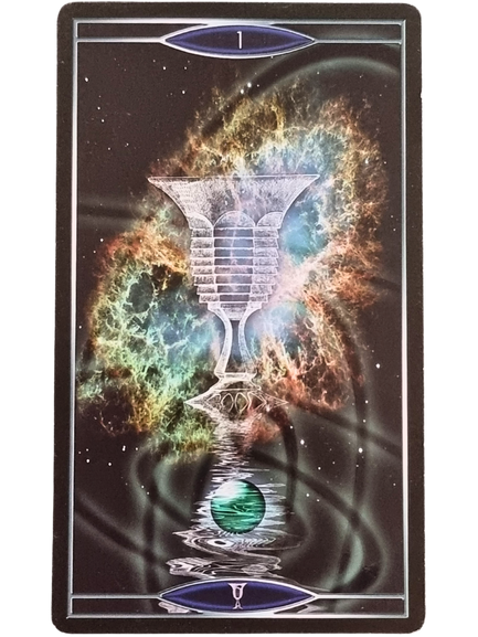 A tarot card from Quantum Tarot Version 2.0 features a shining, transparent chalice hovering above rippling water with a green orb below. Colorful cosmic clouds and stars fill the background, and the number 1 appears at the top and bottom.