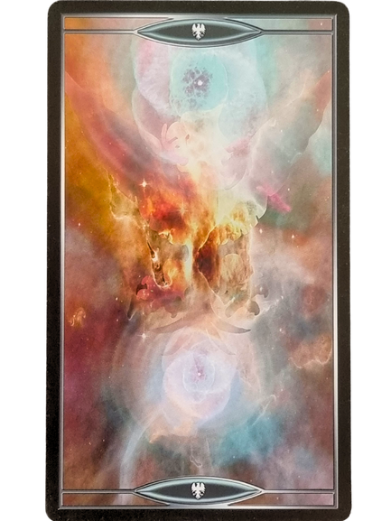 A tarot card from Quantum Tarot Version 2.0, with a cosmic, ethereal design featuring colorful swirling nebulae and light clouds, bordered in black with silver embellishments at the top and bottom.