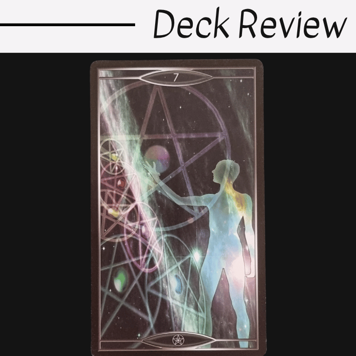 A tarot card from the Quantum Tarot Version 2.0 with the number 7 shows a translucent human figure touching a glowing sphere amid swirling colors, geometric shapes, and pentagrams. Deck Review is written above the card.