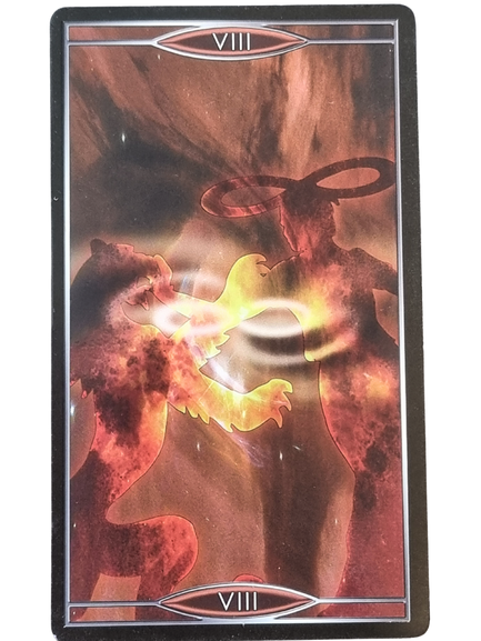 In the Quantum Tarot Version 2.0, card VIII depicts a glowing, fiery figure calmly facing a lion, with an infinity symbol above their head and swirling, flame-like patterns in the background.