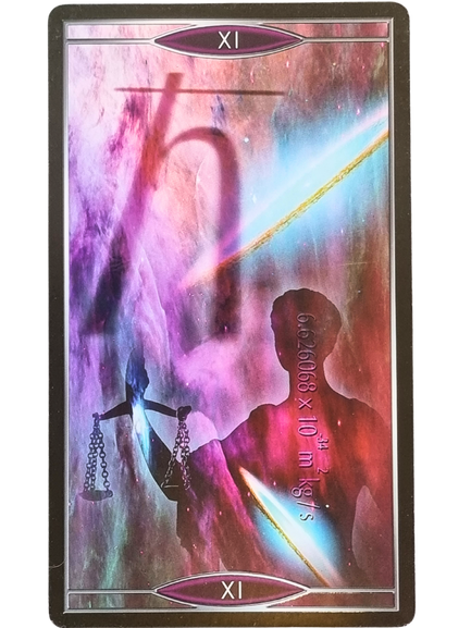 A tarot card from the Quantum Tarot Version 2.0 with Roman numeral XI displays a cosmic background in vibrant purples and oranges, Saturn’s symbol, a silhouette holding scales, and a glowing equation (c = 299,792,458 m/s), all upside down.