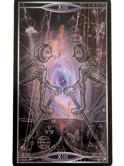 A Quantum Tarot Version 2.0 card shows a silhouetted figure kneeling in water, surrounded by glowing orbs of light and stars in a dreamy, purple-blue sky. The card is bordered in black and marked XVII at the top and bottom.