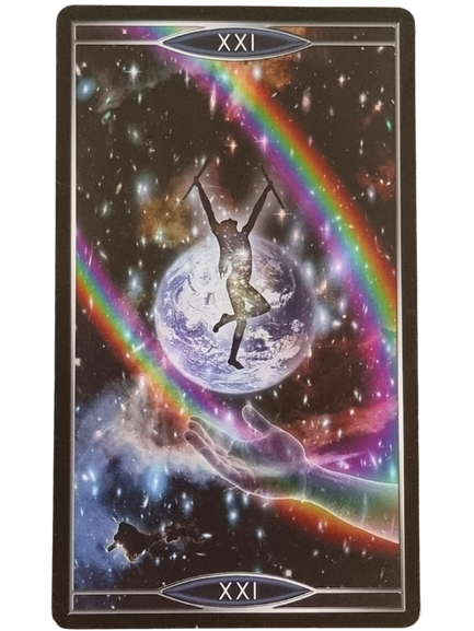A rainbow arcs over a person holding a pole, creating a scene reminiscent of the vibrant imagery found in Quantum Tarot Version 2.0.