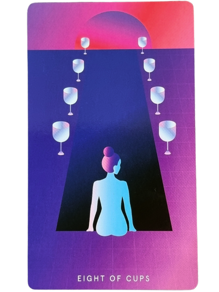 A stylized Mystic Mondays Tarot card shows a person sitting and facing away toward a path lined with eight floating cups, under a pink and purple sky with a large sun or moon at the horizon. Text at the bottom reads Eight of Cups.