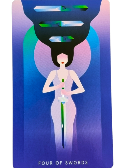 A stylized Mystic Mondays Tarot illustration of a woman in a pink dress holding a sword upright, with three swords floating above her head. The background is a gradient of blue, green, and purple. Text at the bottom reads FOUR OF SWORDS.