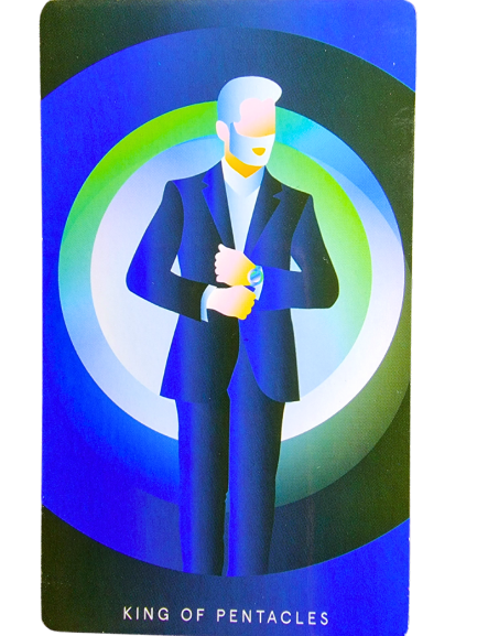 A stylized illustration of a man in a blue suit checking his watch, standing before concentric circles in blue and green. The text at the bottom reads, KING OF PENTACLES from the Mystic Mondays Tarot.