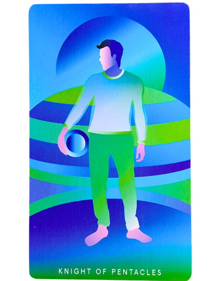 A stylized tarot card illustration of the Knight of Pentacles from Mystic Mondays Tarot, showing a person holding a coin, dressed in green and white, standing against a blue and green abstract background with circular shapes.