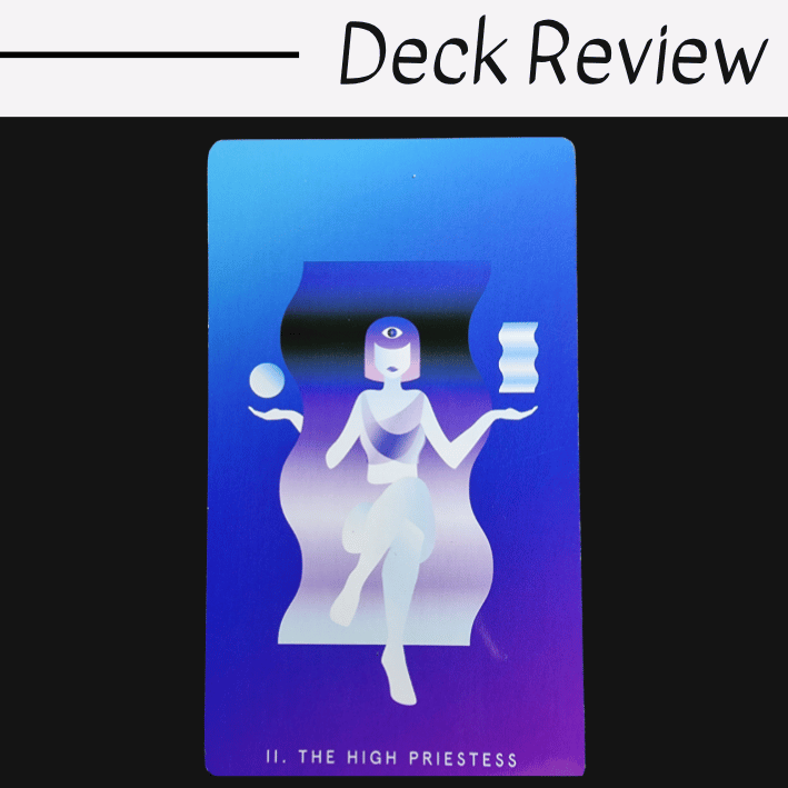 A tarot card titled The High Priestess from the Mystic Mondays Tarot features a stylized, ethereal figure with a third eye, holding a sphere and a scroll. The card has a blue and purple gradient background. Deck Review is written above.