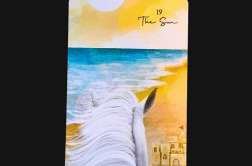 A tarot card titled The Sun from the Tarot of Oneness deck shows a white horse facing a sunny beach with waves and sandcastles. The card is under a header reading Deck Review.