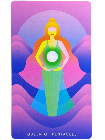 A stylized, colorful illustration of the Queen of Pentacles from the Mystic Mondays Tarot, featuring a woman in a green dress holding a glowing white circle, set against a vibrant purple and pink abstract background.