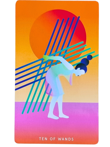 A stylized illustration from the Mystic Mondays Tarot shows a woman bent forward, carrying ten wands on her back, set against a large red sun and gradient orange-pink background. The card reads Ten of Wands at the bottom.