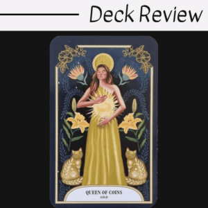 A tarot card from The Crystal Magic Tarot titled Queen of Coins shows a woman in a golden dress holding a glowing orb, surrounded by yellow flowers and two gold cats, with Deck Review written above.