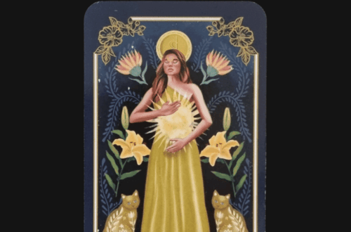 A tarot card from The Crystal Magic Tarot titled Queen of Coins shows a woman in a golden dress holding a glowing orb, surrounded by yellow flowers and two gold cats, with Deck Review written above.