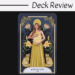 A tarot card from The Crystal Magic Tarot titled Queen of Coins shows a woman in a golden dress holding a glowing orb, surrounded by yellow flowers and two gold cats, with Deck Review written above.