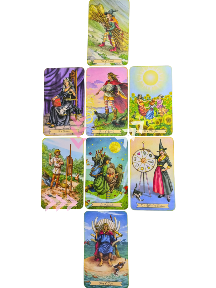 A tarot card spread of nine brightly colored cards arranged in a cross shape on a white background, each featuring detailed illustrations and various figures in different scenes, evokes the empowering message: I am enough.