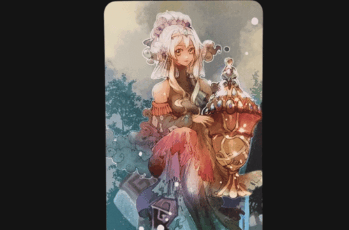 A tarot card titled Queen of Cups from the Traditional Manga Tarot deck features an anime-style woman with white hair, elaborate clothing, and a large ornate cup, set against a nature background. Above the card, text reads Deck Review.