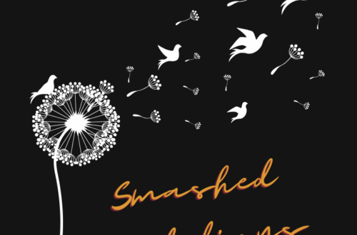 A white dandelion with seeds blowing away, transforming into flying birds on a black background. The words Smashed Dandelions are written below in an orange, handwritten script.