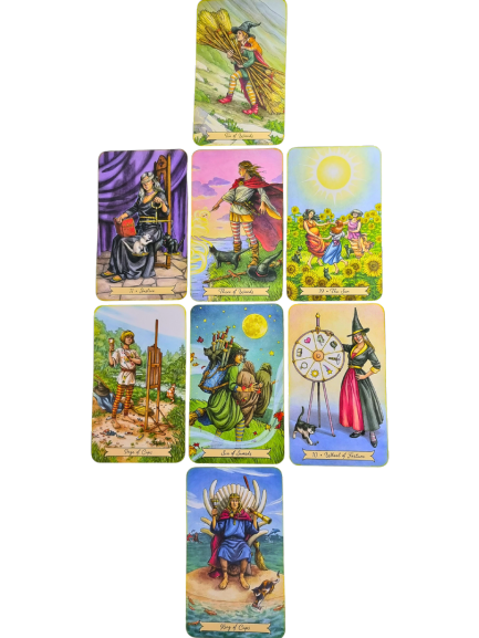 A tarot card spread with nine colorful cards arranged in a cross shape on a white background, featuring images of witches, landscapes, symbolic objects, and the empowering affirmation "I am enough.