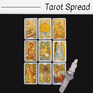 A nine-card general spread tarot layout features illustrated cards in three rows of three, with a pink crystal wand on a black background. The heading reads Tarot Spread at the top.