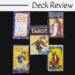 Five different RWS tarot deck boxes arranged on a black background, with the words Deck Review in black text at the top on a white background.