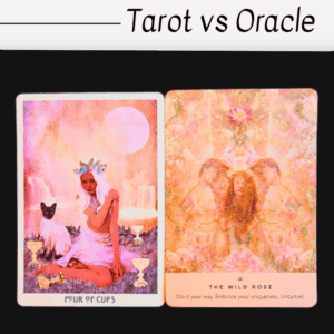 Two colorful cards—one tarot and one oracle—sit side by side. The tarot card shows a woman with a cat under a pink moon; the oracle card features an angelic figure with flowers. Text above reads “Tarot vs Oracle.”.
