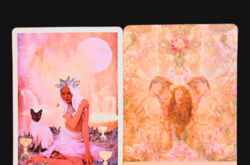 Two colorful cards—one tarot and one oracle—sit side by side. The tarot card shows a woman with a cat under a pink moon; the oracle card features an angelic figure with flowers. Text above reads “Tarot vs Oracle.”.