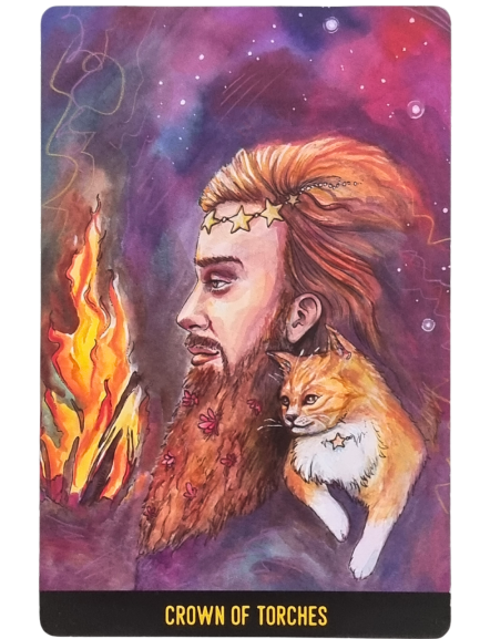 A colorful tarot card from The Penumbra Tarot, titled Crown of Torches, shows a bearded figure with starry crown, fiery hair, and a cat with a star collar. They gaze at a glowing fire against a cosmic, purple sky.