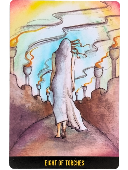 A person in a flowing white robe walks down a path lined with eight lit torches. The colorful, swirling sky evokes a dreamy, mystical atmosphere. The Penumbra Tarot card reads EIGHT OF TORCHES at the bottom.