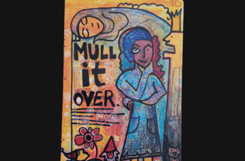 A colorful tarot card illustration with the words MULL IT OVER beside a figure in a blue robe. A reclining figure with a red hat, flowers, and a cat rest below. The top text reads Deck Review: Manifesting Your Greatness.