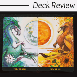 Two tarot cards from The Penumbra Tarot: The Moon, with a green dragon curled among flowers under a blue moon, and The Sun, featuring a gryphon on yellow blooms beneath the bright sun. Text above reads “Deck Review.”.