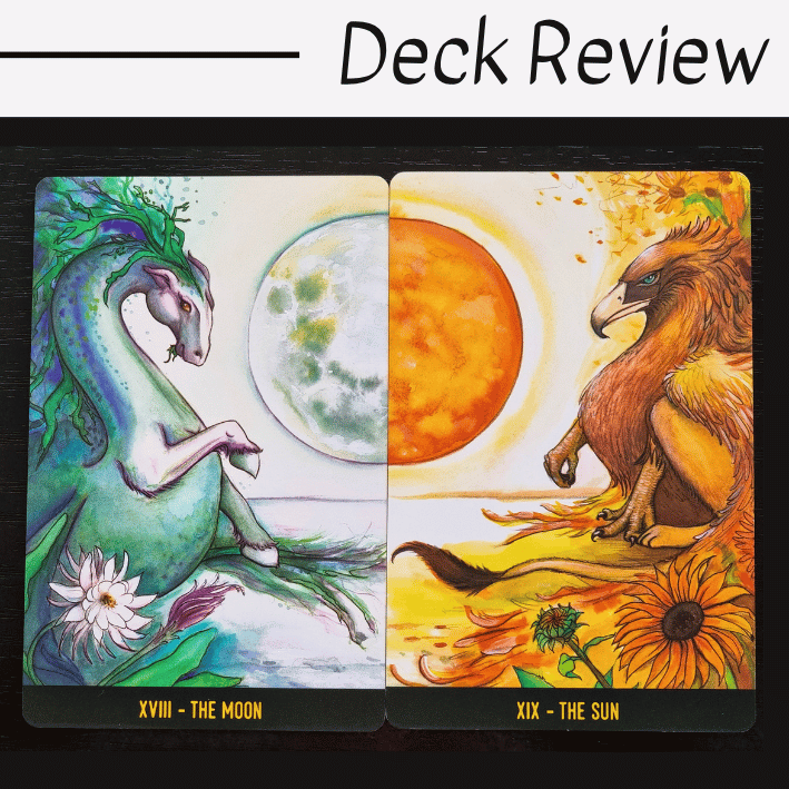 Two tarot cards from The Penumbra Tarot: The Moon, with a green dragon curled among flowers under a blue moon, and The Sun, featuring a gryphon on yellow blooms beneath the bright sun. Text above reads “Deck Review.”.