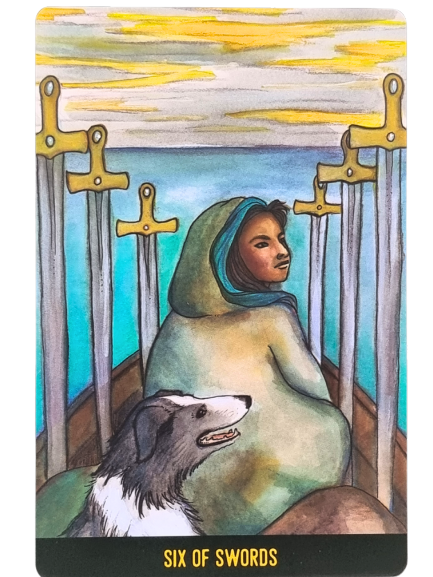A person in a green cloak sits in a wooden boat with six upright swords, accompanied by a dog. The boat floats on calm blue water under a yellow-streaked sky. From The Penumbra Tarot, the card reads “Six of Swords.”.