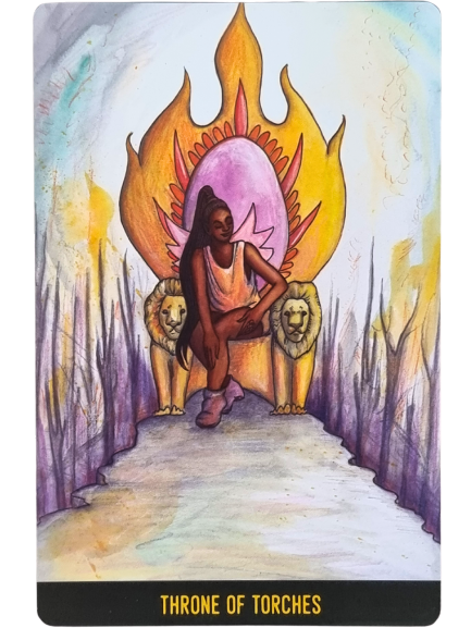 A person sits confidently on a throne flanked by two lions. The throne, from The Penumbra Tarot, features a large, stylized flame-shaped backrest. The path is lined with pointed, blade-like structures. Text reads Throne of Torches.