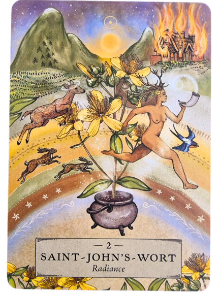 An illustrated card from The Herbal Astrology Oracle shows a woman with antlers running joyfully, holding a cup and Saint John’s Wort, as animals and a bird surround her. A house burns in the distance. Text reads: 2 Saint Johns Wort - Radiance.
