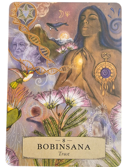 A mystical tarot card from The Herbal Astrology Oracle features a serene woman with closed eyes, hands near her heart, light glowing from her chest, DNA strands, hummingbirds, an elderly face, flowers, cosmic symbols, and BOBINSANA with Trust below.
