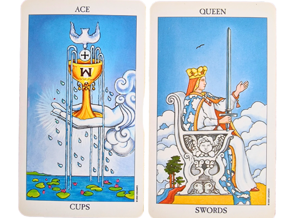 Two tarot cards side by side: the Ace of Cups, featuring a hand holding a cup with water, and the Queen of Swords, bridging intuition and clarity as she sits crowned with a sword on her decorated throne under a blue sky.