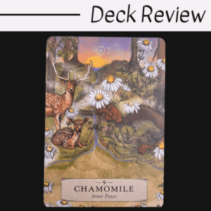 A tarot card from The Herbal Astrology Oracle featuring chamomile flowers, a deer, and a fawn in a peaceful nature scene with the label 9 Chamomile - Inner Peace beneath the illustration. The words Deck Review appear above the card.