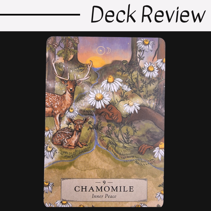 A tarot card from The Herbal Astrology Oracle featuring chamomile flowers, a deer, and a fawn in a peaceful nature scene with the label 9 Chamomile - Inner Peace beneath the illustration. The words Deck Review appear above the card.