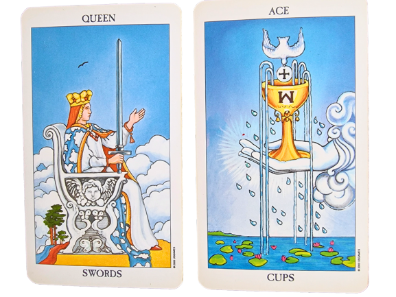Two tarot cards side by side: Queen of Swords shows a crowned woman with a sword on a stone throne, bridging intellect and clarity; Ace of Cups displays a golden cup with a dove, water overflowing, and lotus flowers below.