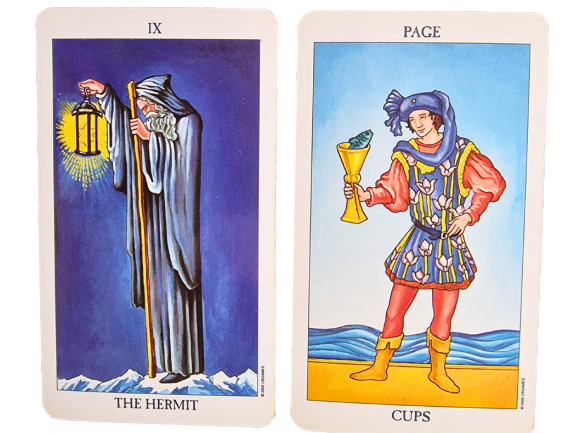 Two tarot cards: The Hermit, an old man with a lantern and staff atop snowy mountains; and the Page of Cups, a youth in colorful clothes beside water—bridging introspection and creativity.