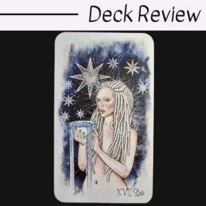 A tarot card titled XVII Star from The Unfolding Path Tarot features a woman with long white dreadlocks holding a chalice, set against a starry night sky. The words Deck Review appear above the card on a white background.