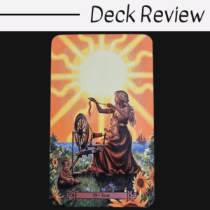 A tarot card from the Modern Spellcaster's Tarot titled 19 - Sun shows a woman spinning thread by a wheel with two children nearby, sunflowers and grass around them, and a large glowing sun in the sky, set against a black background.